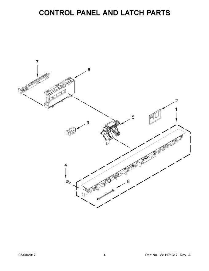 03 - Control Panel And Latch Parts Diagram and Parts List for KDTE254EBL3  KitchenAid Dishwasher
