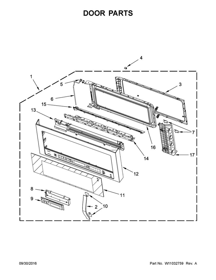 Door Parts Diagram and Parts List for WMH73521CS4  Whirlpool Microwave