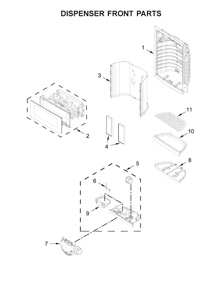 Dispenser Front Parts Diagram and Parts List for KRFF507EBL00  KitchenAid Refrigerator