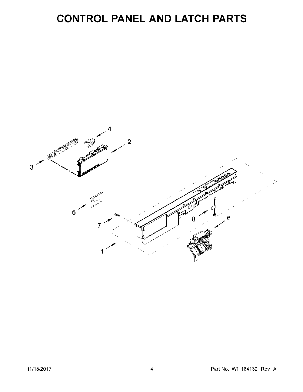 Control panel and latch parts Diagram and Parts List for 66514545N711  Kenmore Dishwasher