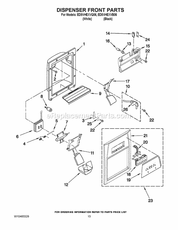 Dispenser Front Parts Diagram and Parts List for ED5VHEXVB06  Whirlpool Refrigerator