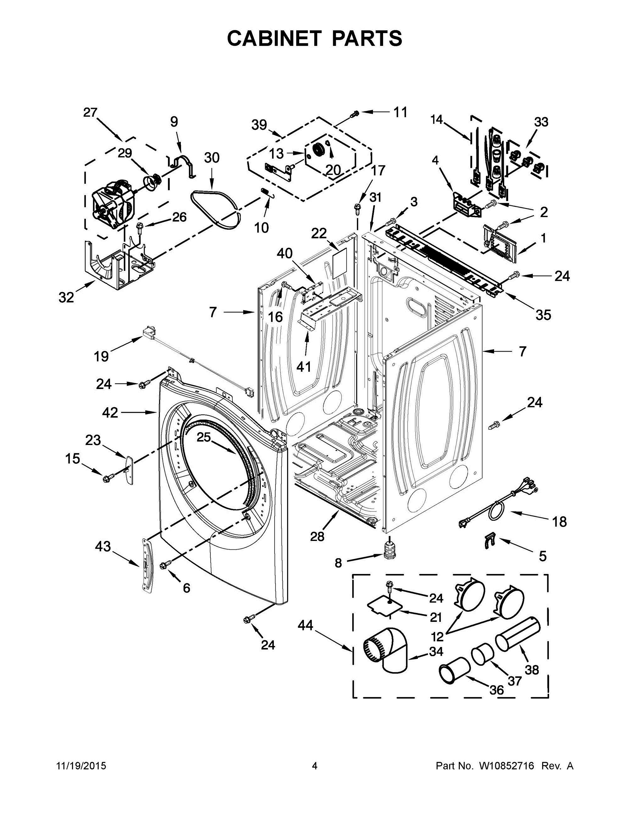03 - CABINET PARTS Diagram and Parts List for YWED87HEDW1  Whirlpool Dryer