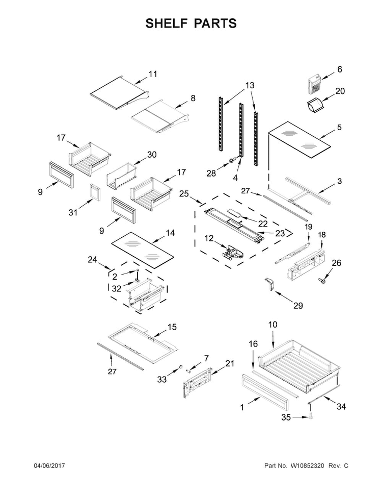 Shelf Parts Diagram and Parts List for WRF736SDAB14  Whirlpool Refrigerator