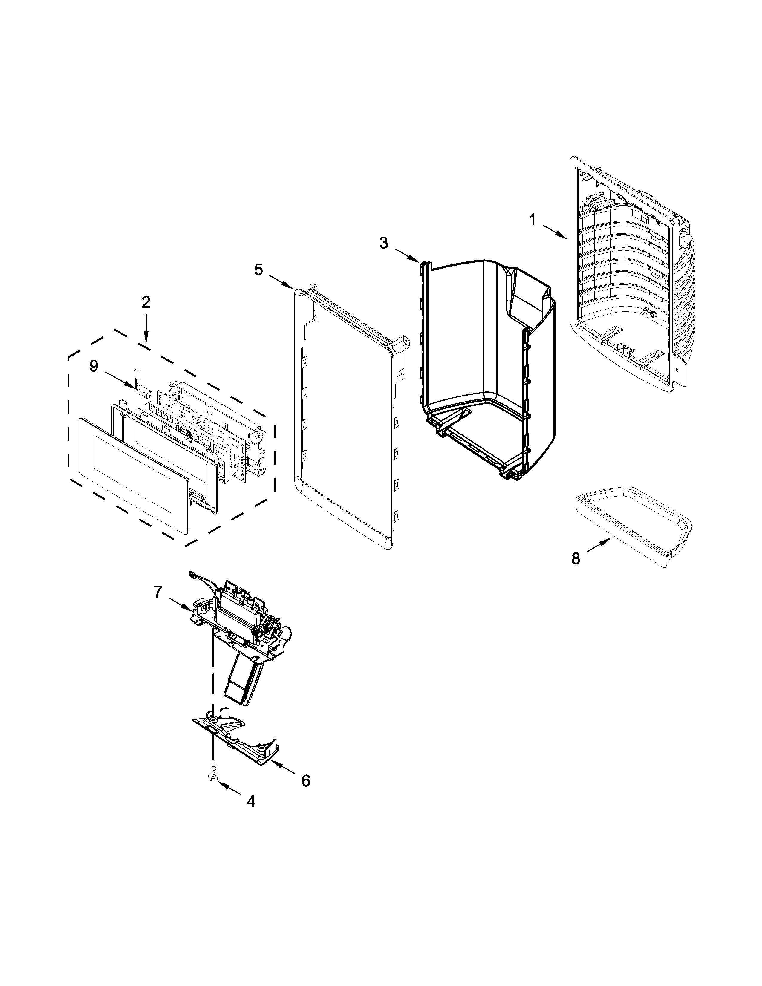 Dispenser Front Parts Diagram and Parts List for IX7DDEXDSM01  Whirlpool Refrigerator