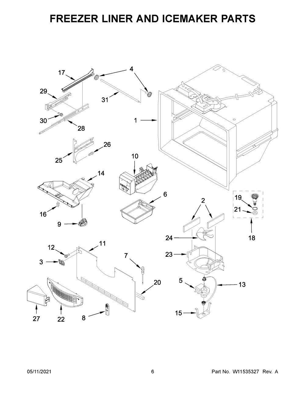 Freezer Liner And Icemaker Parts Diagram and Parts List for WRF535SMHZ06  Whirlpool Refrigerator