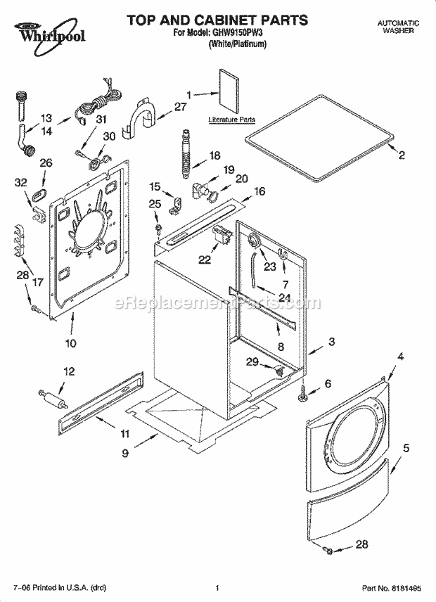 Top And Cabinet Parts Diagram and Parts List for GHW9150PW3  Whirlpool Washer
