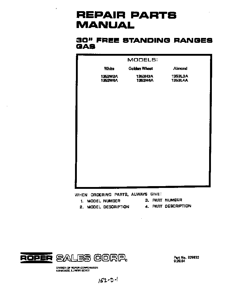 Front Cover Diagram and Parts List for 1353*4A  Roper Range