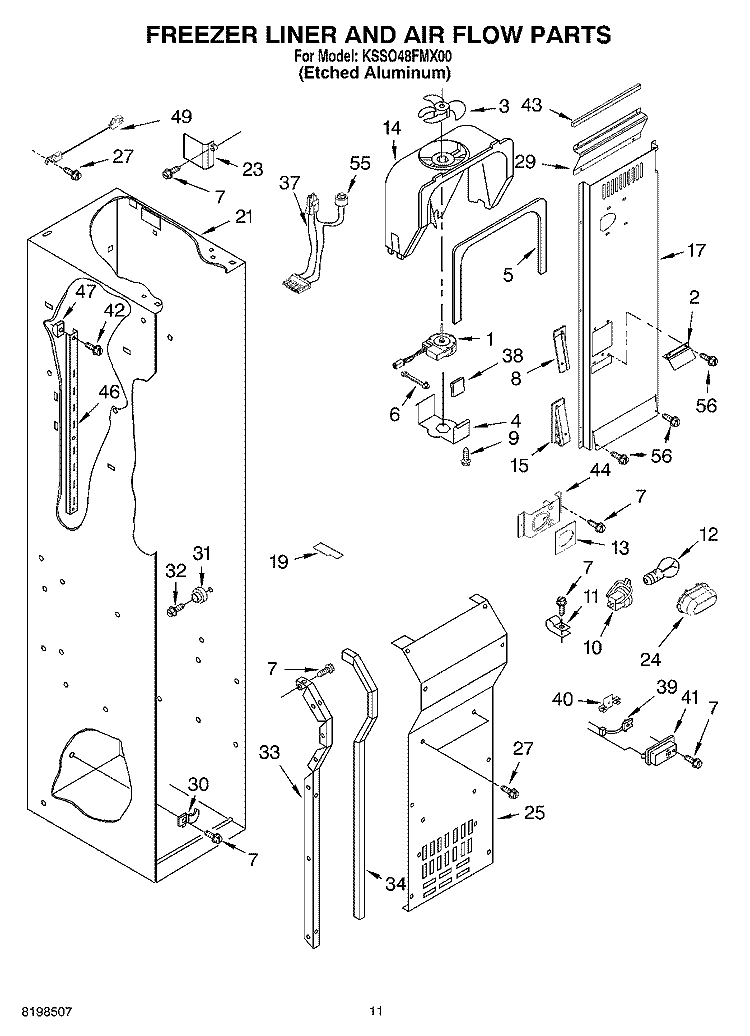 FREEZER LINER AND AIR FLOW PARTS Diagram and Parts List for KSSO48FMX00  KitchenAid Refrigerator