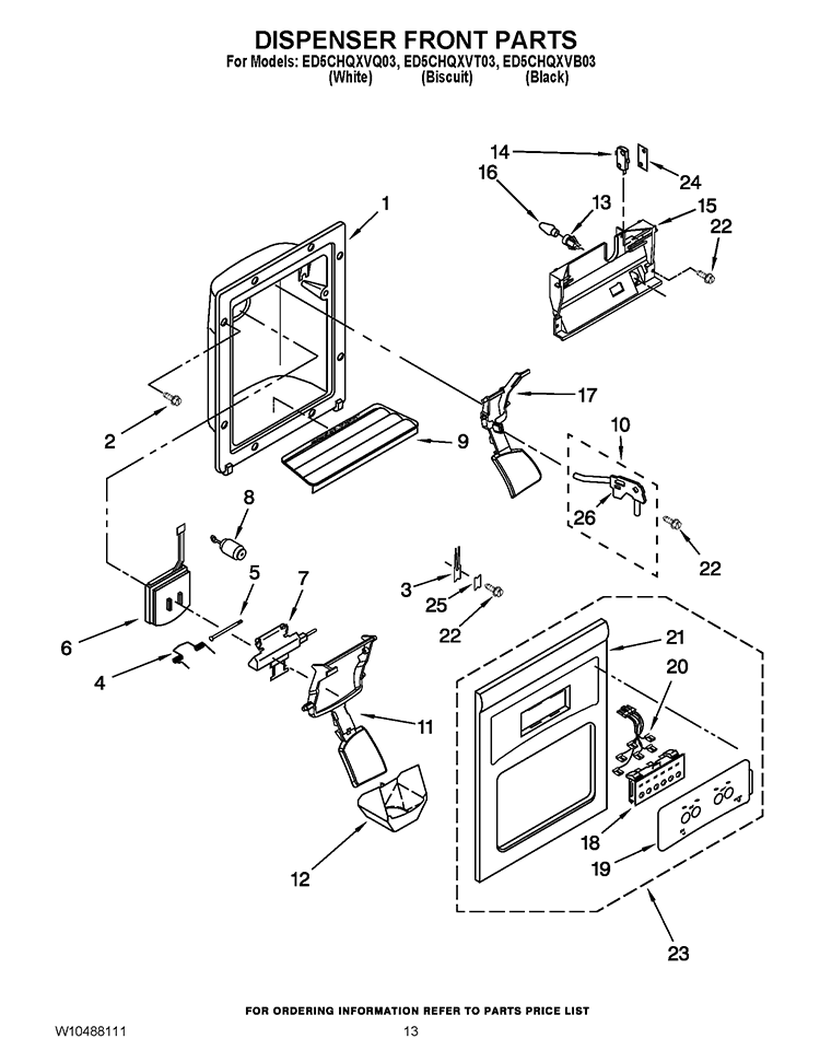 DISPENSER FRONT PARTS Diagram and Parts List for ED5CHQXVB03  Whirlpool Refrigerator