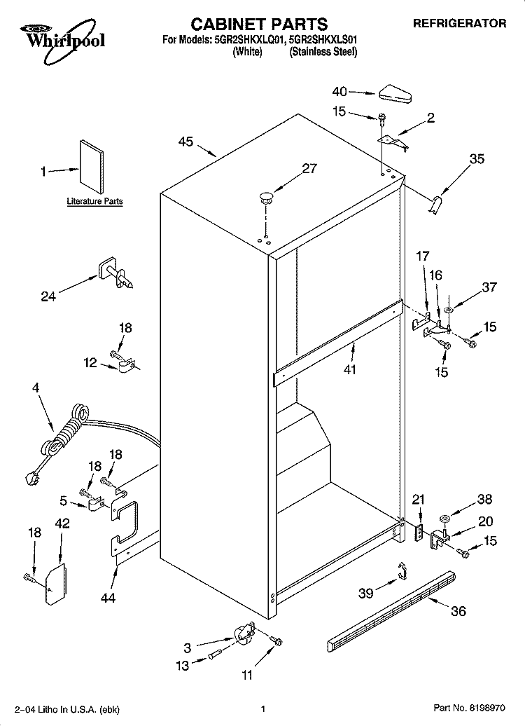 CABINET PARTS Diagram and Parts List for 5GR2SHKXLQ01  Whirlpool Refrigerator