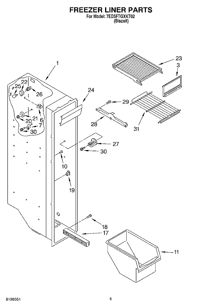 FREEZER LINER PARTS Diagram and Parts List for 7ED5FTGXKT02  Whirlpool Refrigerator