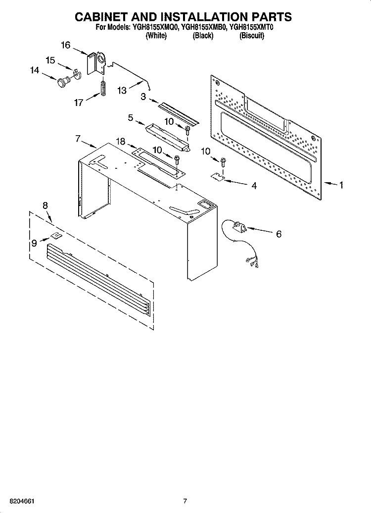 CABINET AND INSTALLATION PARTS Diagram and Parts List for YGH8155XMB0  Whirlpool Microwave