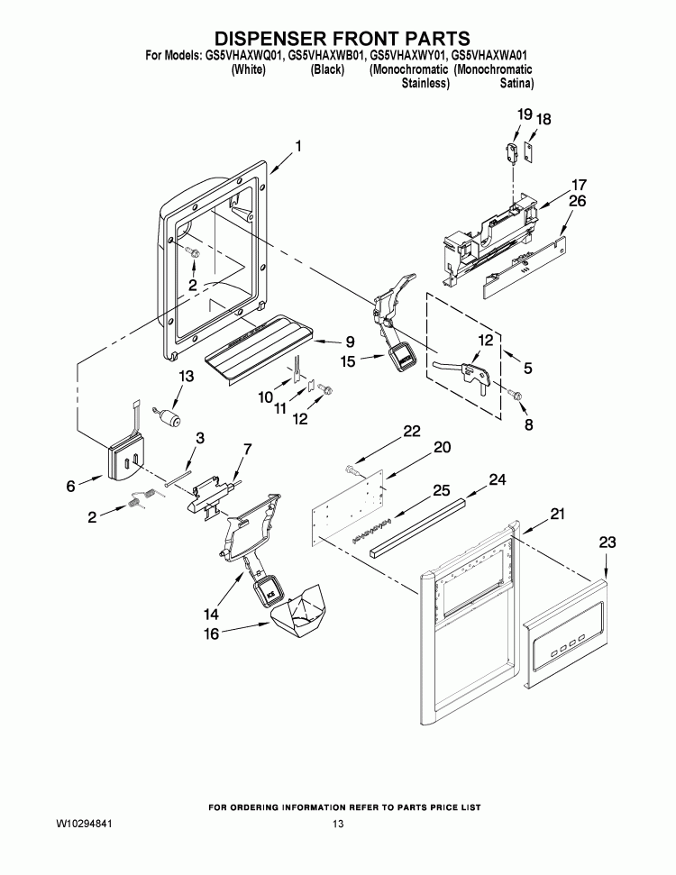 DISPENSER FRONT PARTS Diagram and Parts List for GS5VHAXWB01  Whirlpool Refrigerator