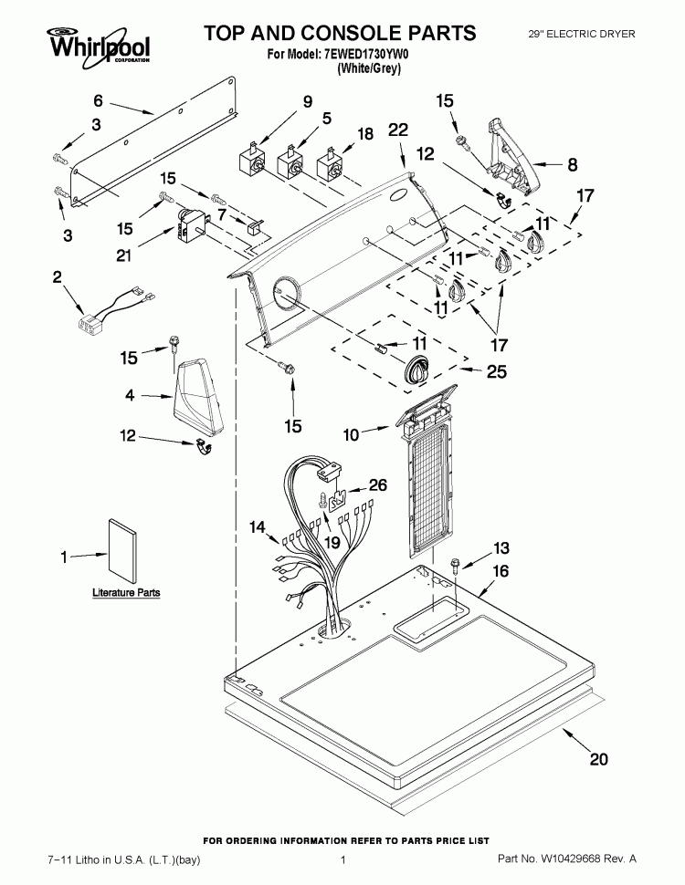 TOP AND CONSOLE PARTS Diagram and Parts List for 7EWED1730YW0  Whirlpool Dryer