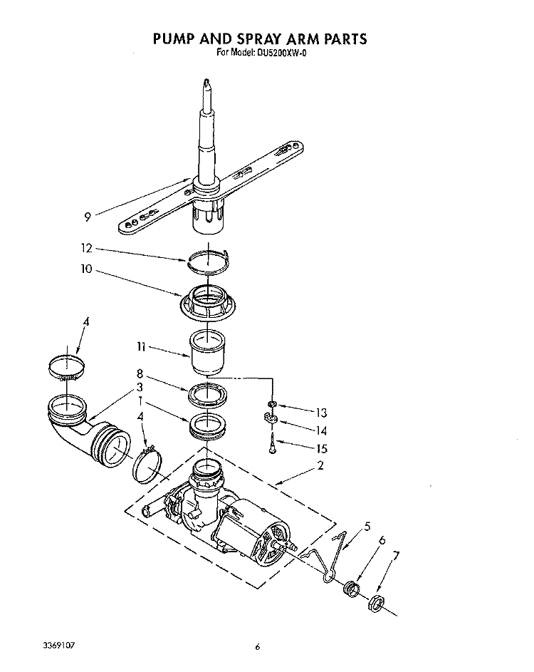 PUMP AND SPRAY ARM Diagram and Parts List for DU5200XW0  Whirlpool Dishwasher