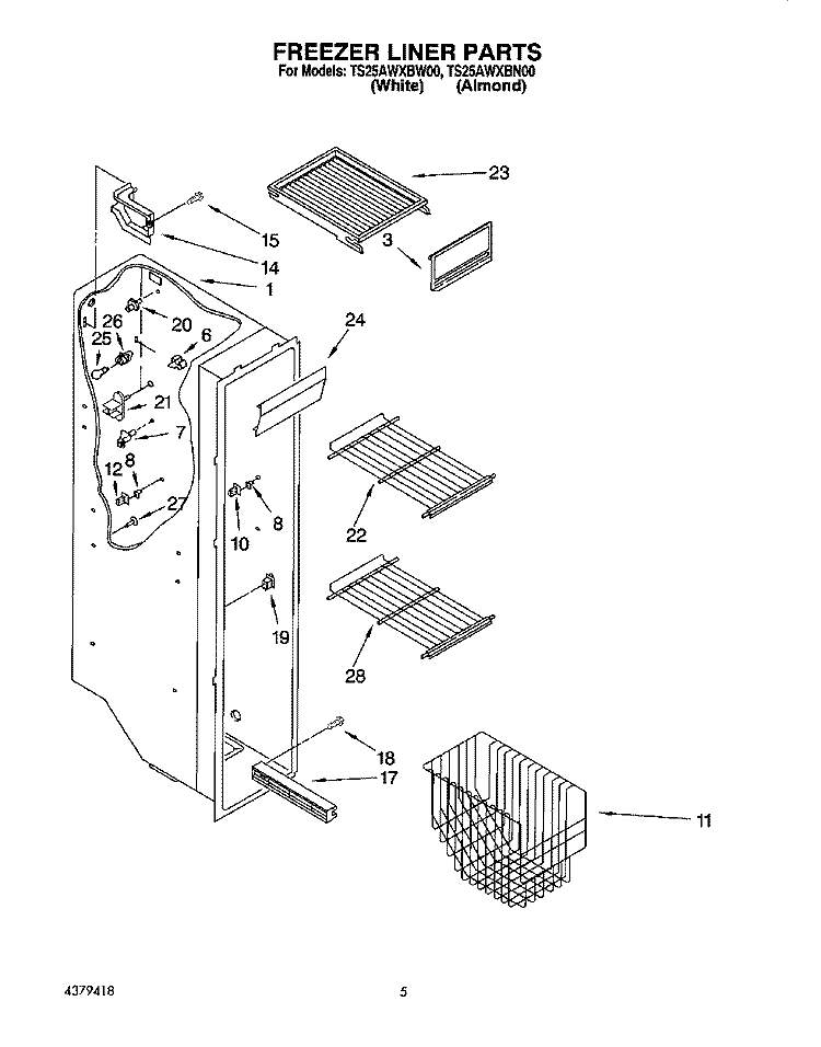 FREEZER LINER Diagram and Parts List for TS25AWXBW00  Estate Refrigerator