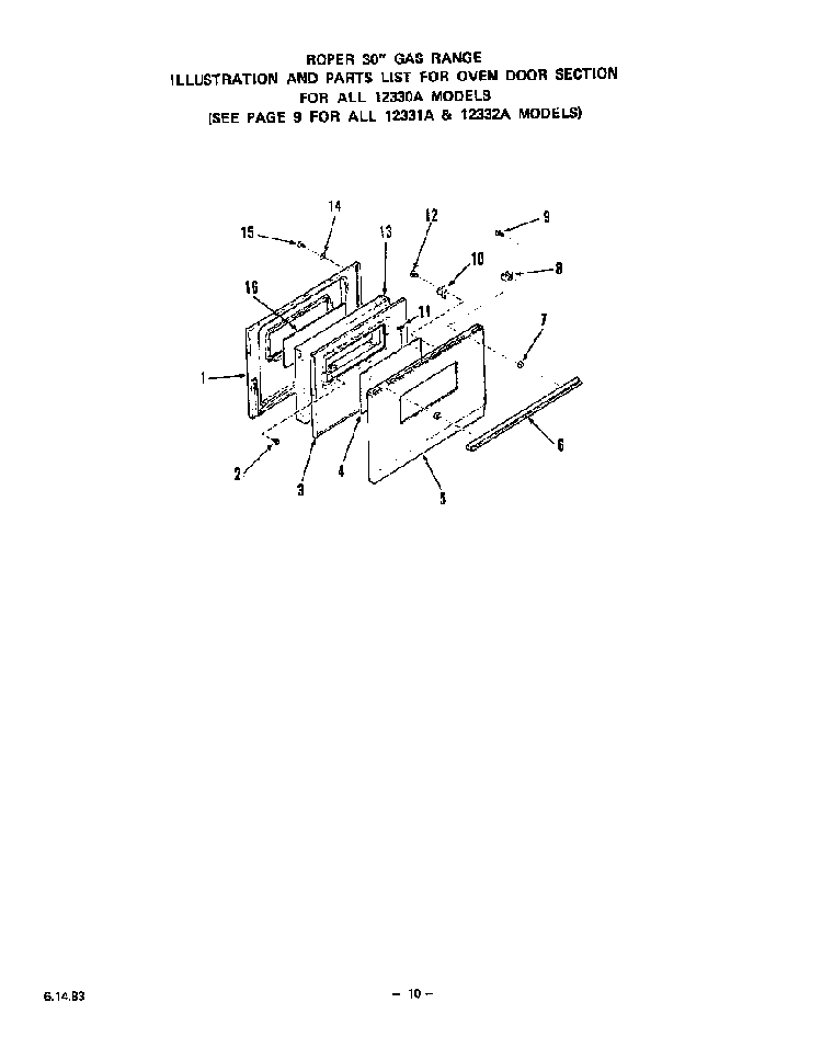 Oven Door Diagram and Parts List for 1233*2A  Roper Range