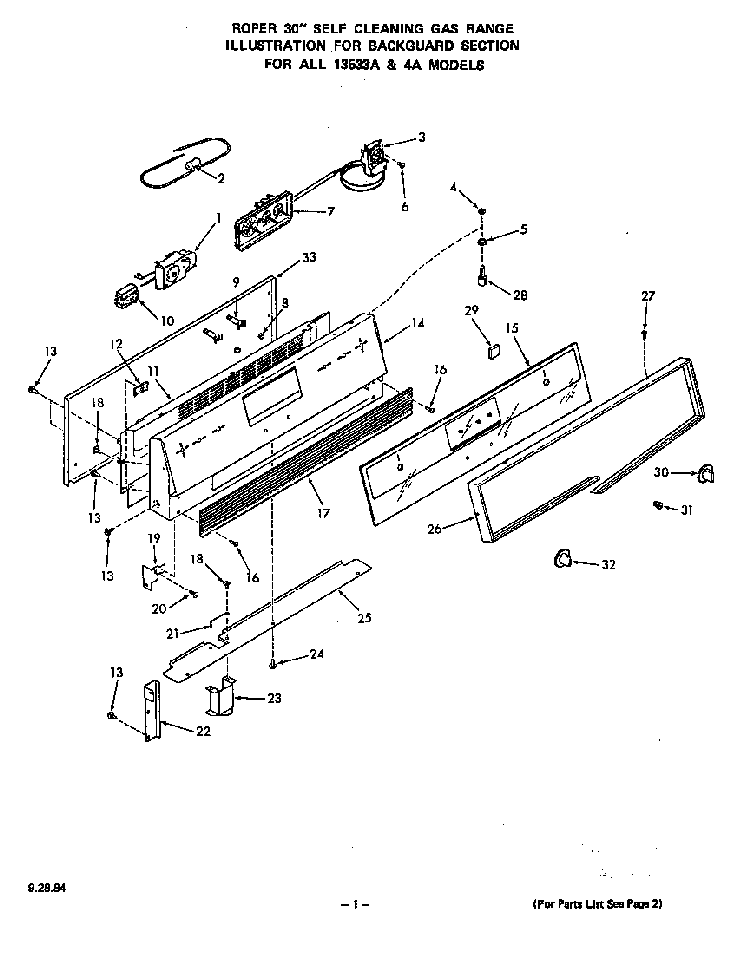 Backguard Diagram and Parts List for 1353*4A  Roper Range