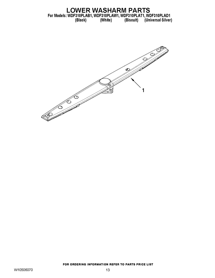 LOWER WASHARM PARTS Diagram and Parts List for WDF310PLAD1  Whirlpool Dishwasher