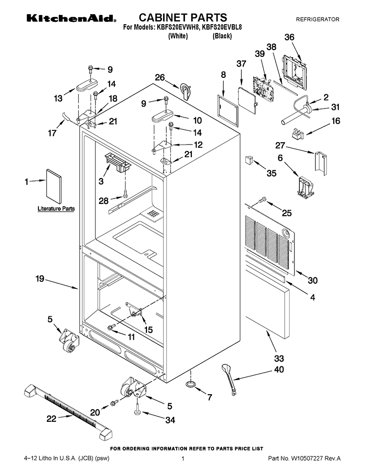 CABINET PARTS Diagram and Parts List for KBFS20EVBL8  KitchenAid Refrigerator
