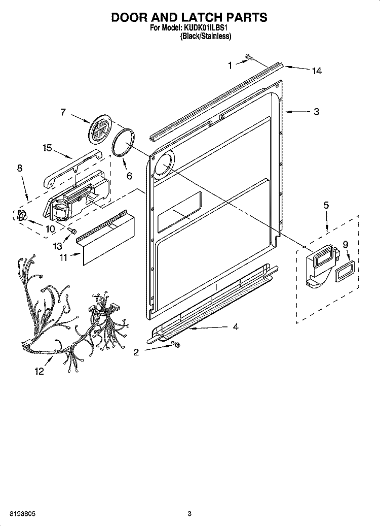DOOR AND LATCH PARTS Diagram and Parts List for KUDK01ILBS1  KitchenAid Dishwasher