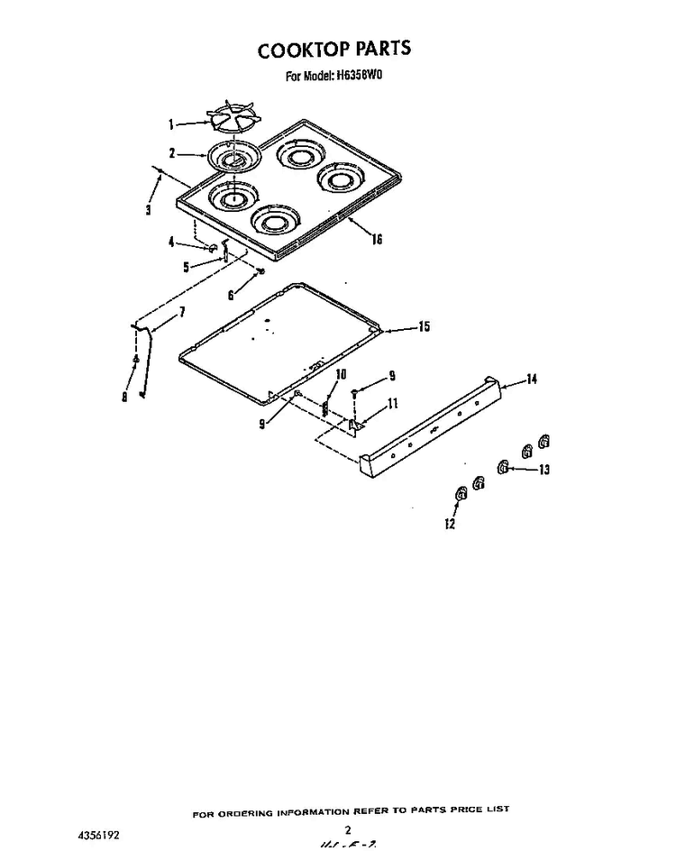 Cooktop Diagram and Parts List for H6358*0  Roper Range