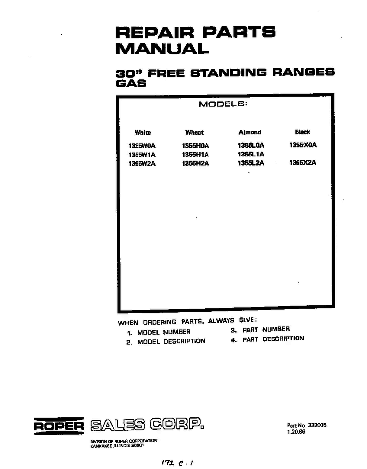 Cover Page-text Only Diagram and Parts List for 1355*0A  Roper Range