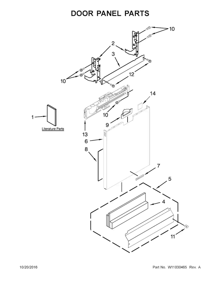 Door Panel Parts Diagram and Parts List for KDFE204EBL3  KitchenAid Dishwasher