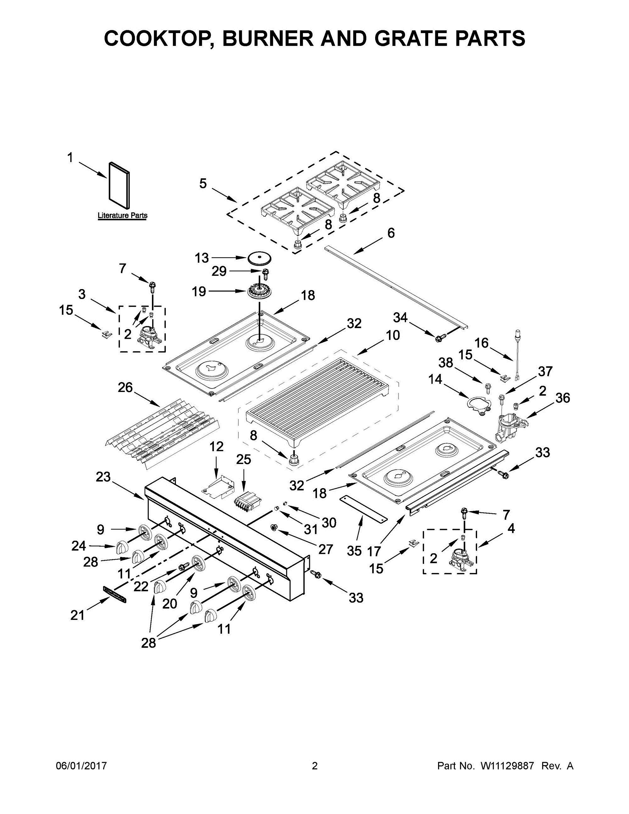 02 - COOKTOP, BURNER AND GRATE PARTS Diagram and Parts List for KGCU462VSS02  Whirlpool Cooktop