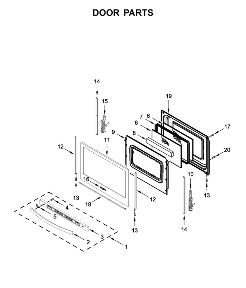 Door Parts Diagram and Parts List for WFG525S0JW1  Whirlpool Range