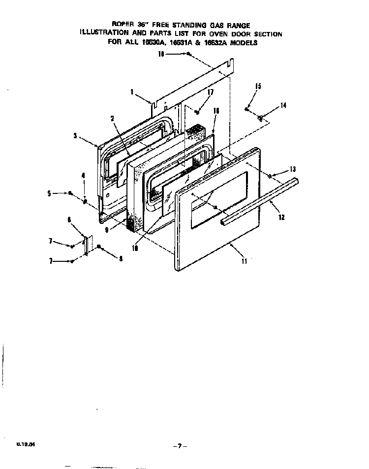 Oven Door Diagram and Parts List for 1653*2A  Roper Range