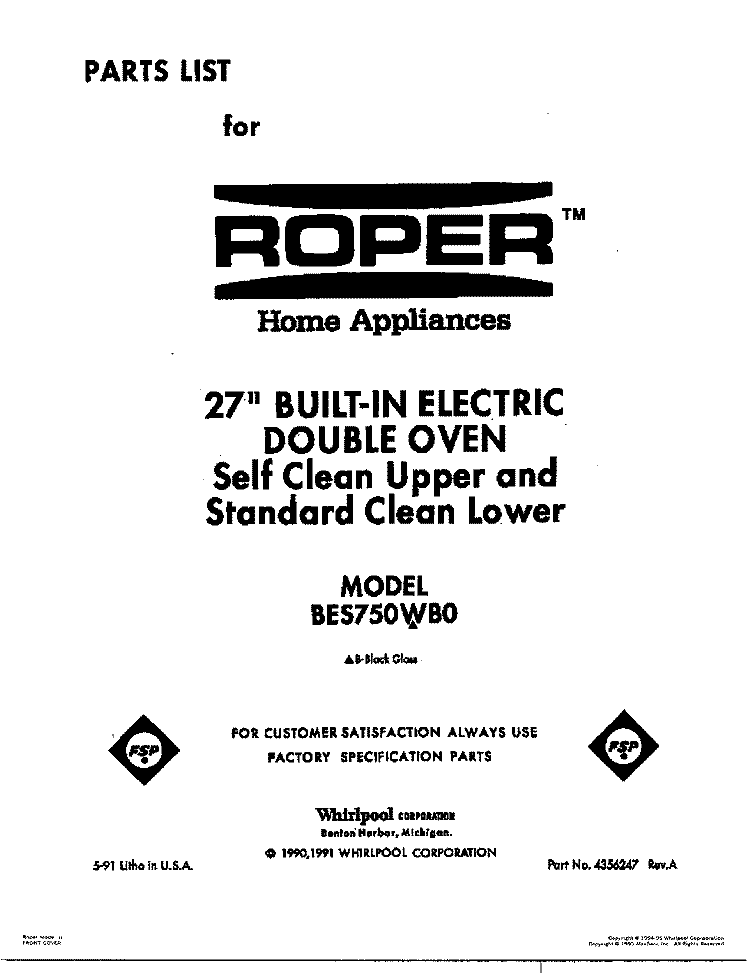 COVER Diagram and Parts List for BES750WB0  Roper Range