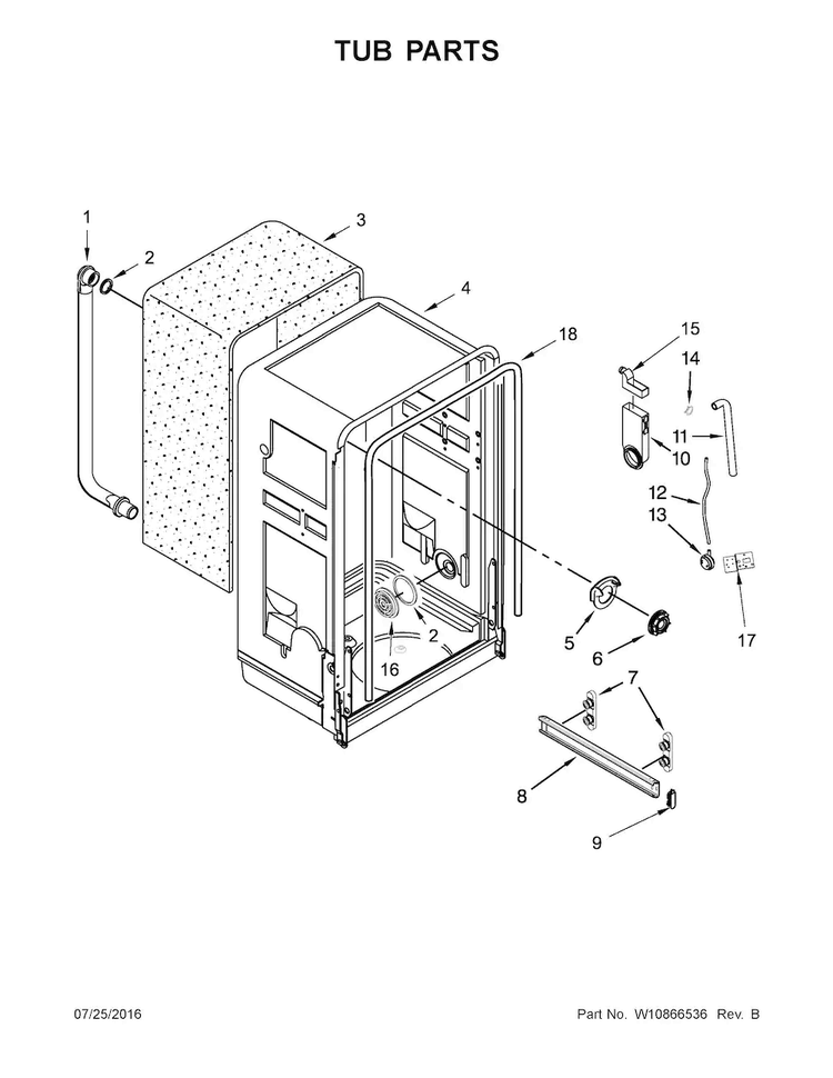 Tub Parts Diagram and Parts List for WDF518SAFW0  Whirlpool Dishwasher