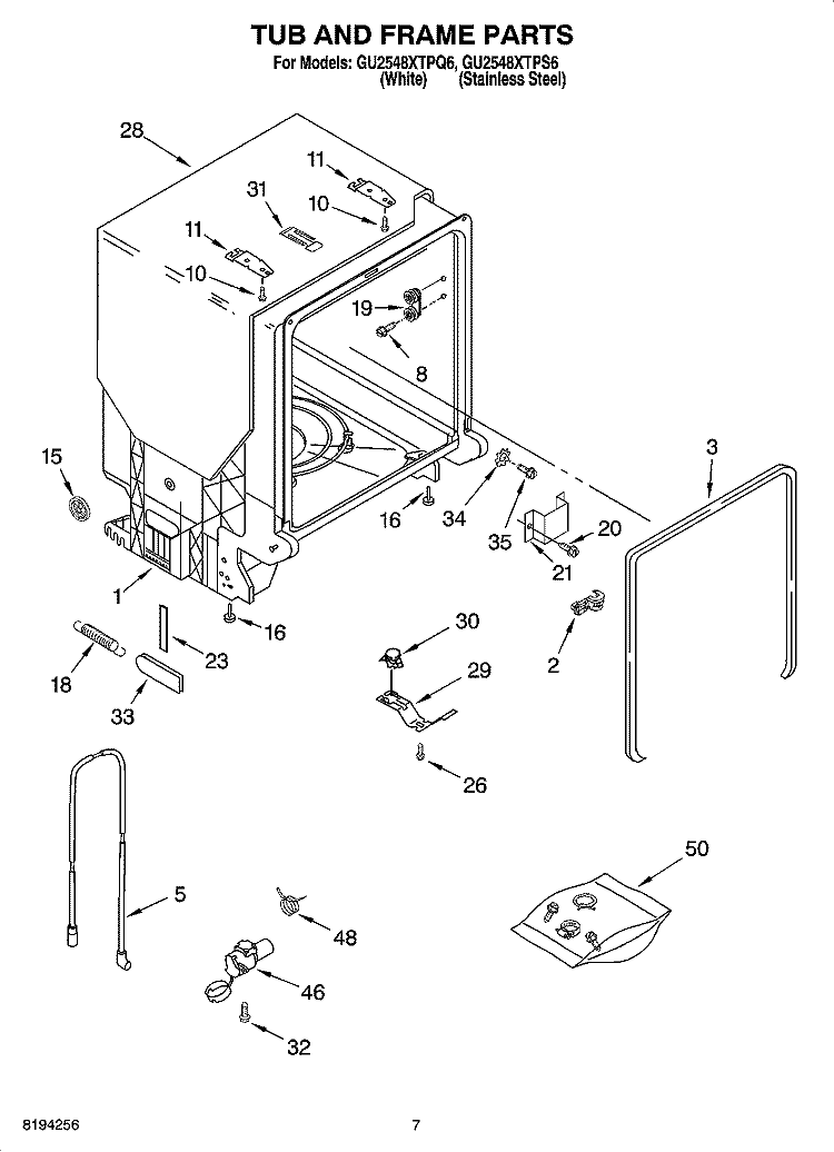 TUB AND FRAME PARTS Diagram and Parts List for GU2548XTPS6  Whirlpool Dishwasher