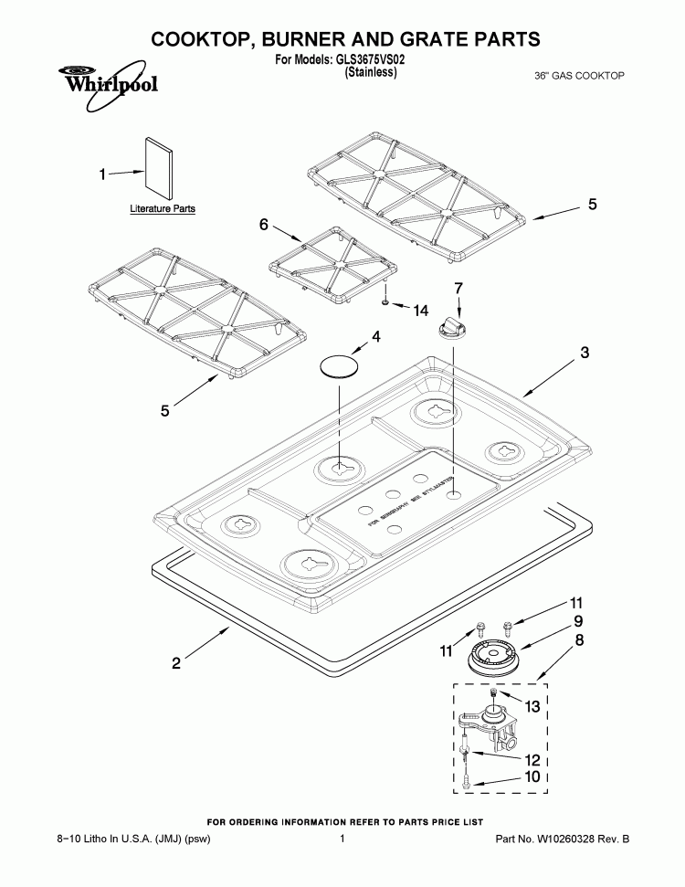 COOKTOP, BURNER AND GRATE PARTS Diagram and Parts List for GLS3675VS02  Whirlpool Cooktop