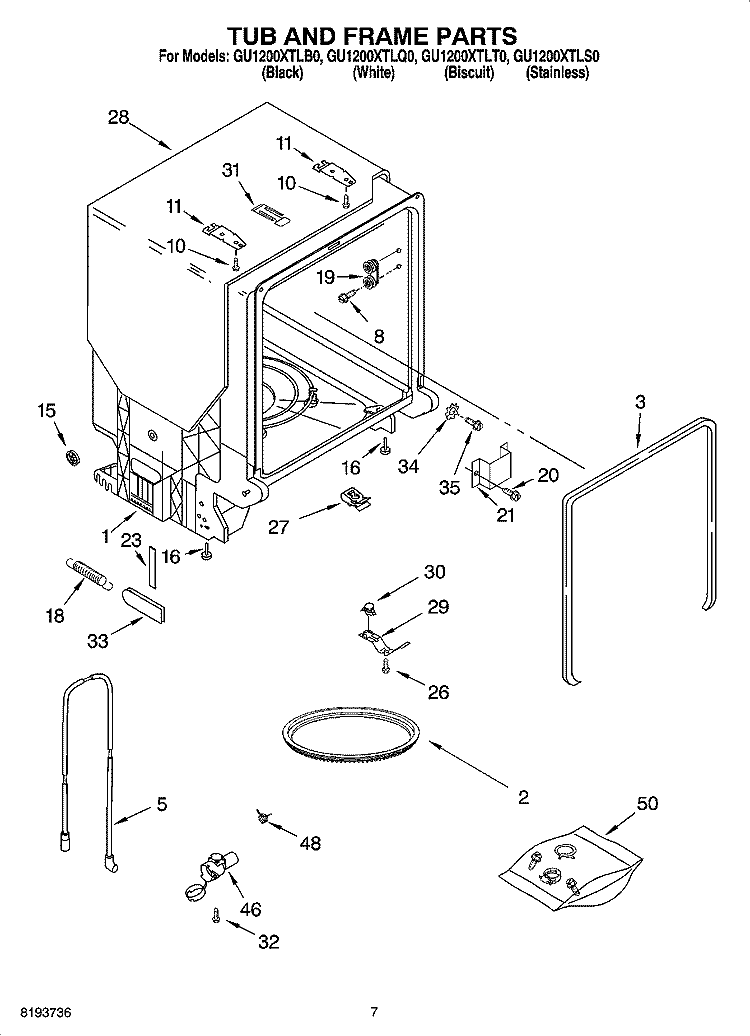 TUB AND FRAME PARTS Diagram and Parts List for GU1200XTLB0  Whirlpool Dishwasher