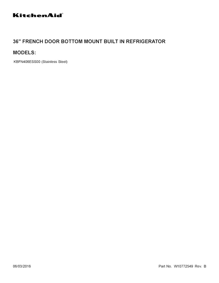 Cover Sheet Diagram and Parts List for KBFN406ESS00  KitchenAid Refrigerator