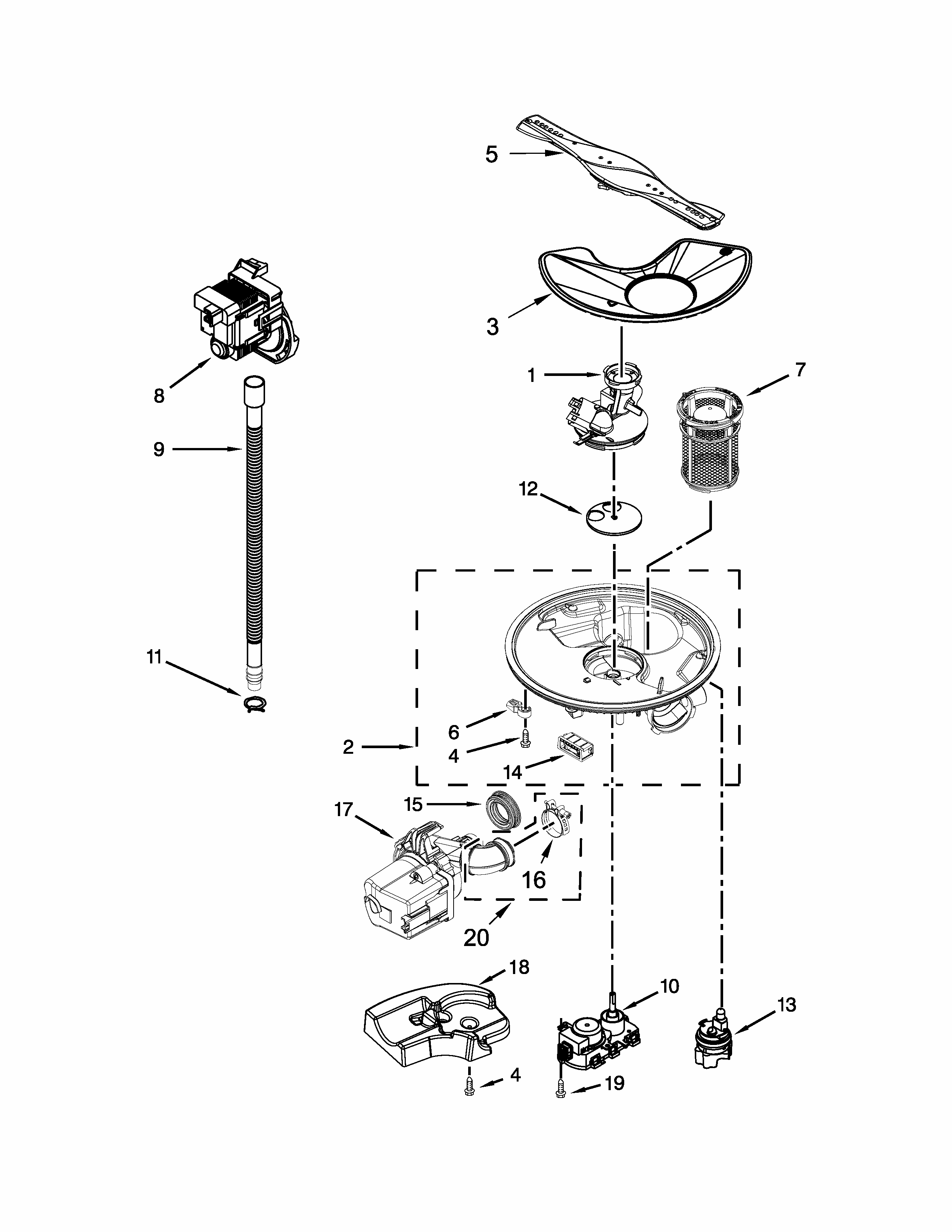 Pump, Washarm And Motor Parts Diagram and Parts List for 66513229N411  Kenmore Dishwasher