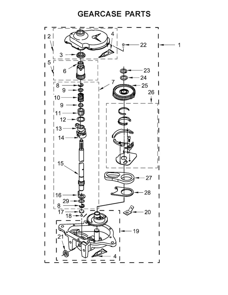 Gearcase Parts Diagram and Parts List for WET4027EW0  Whirlpool Washer Dryer Combo