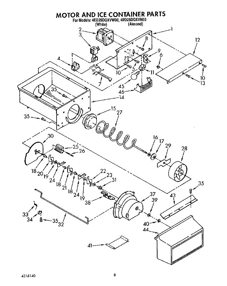 MOTOR AND ICE CONTAINER Diagram and Parts List for 4ED25DQXVN00  Whirlpool Refrigerator
