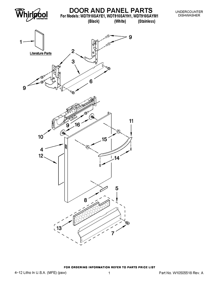 DOOR AND PANEL PARTS Diagram and Parts List for WDT910SAYM1  Whirlpool Dishwasher