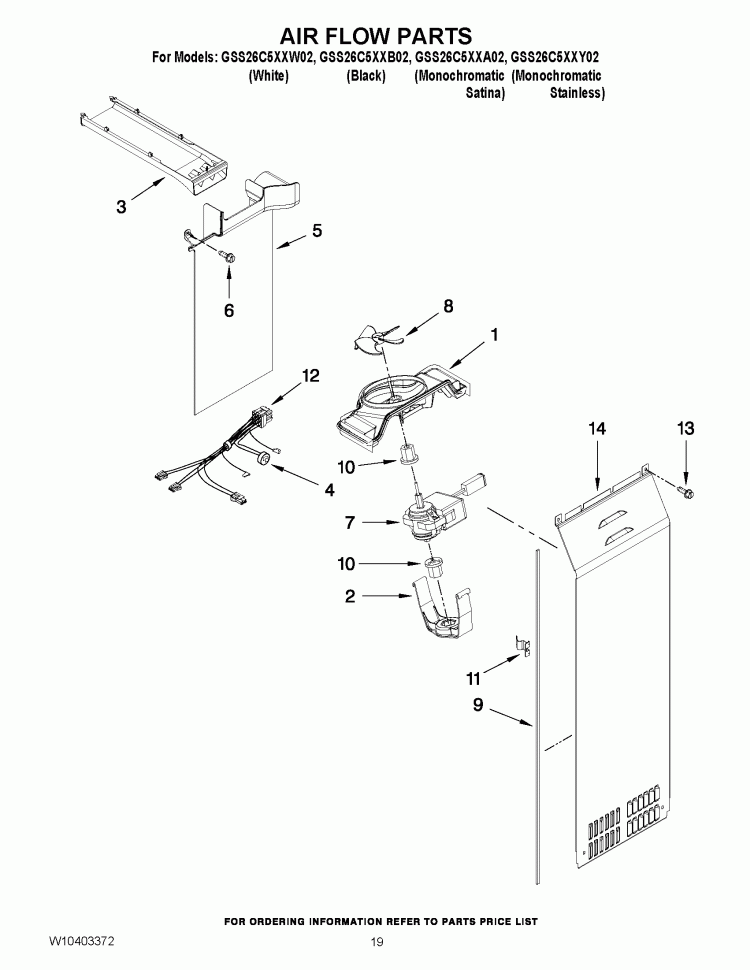 AIR FLOW PARTS Diagram and Parts List for GSS26C5XXB02  Whirlpool Refrigerator