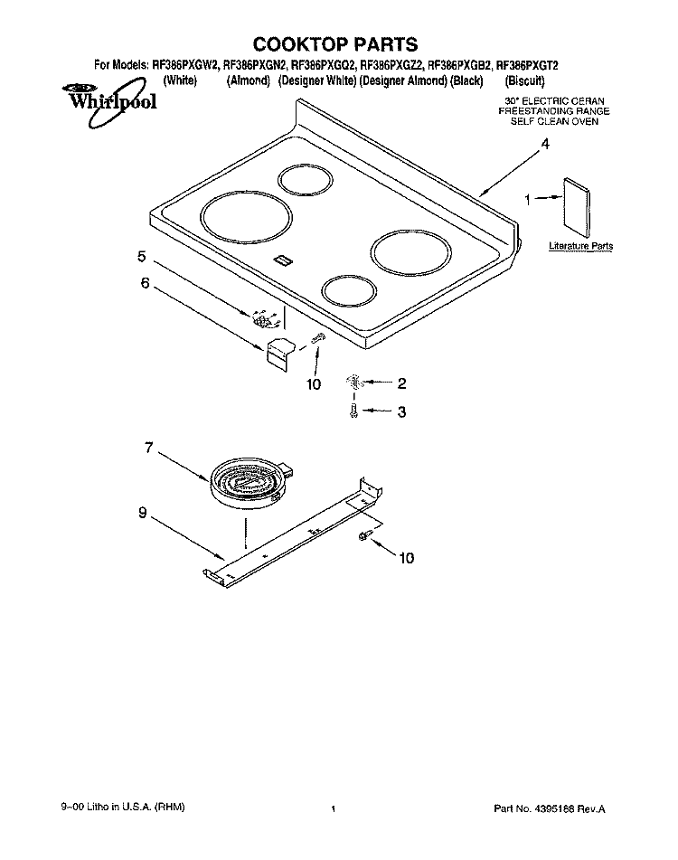 COOKTOP, LITERATURE Diagram and Parts List for RF386PXGN2  Whirlpool Range