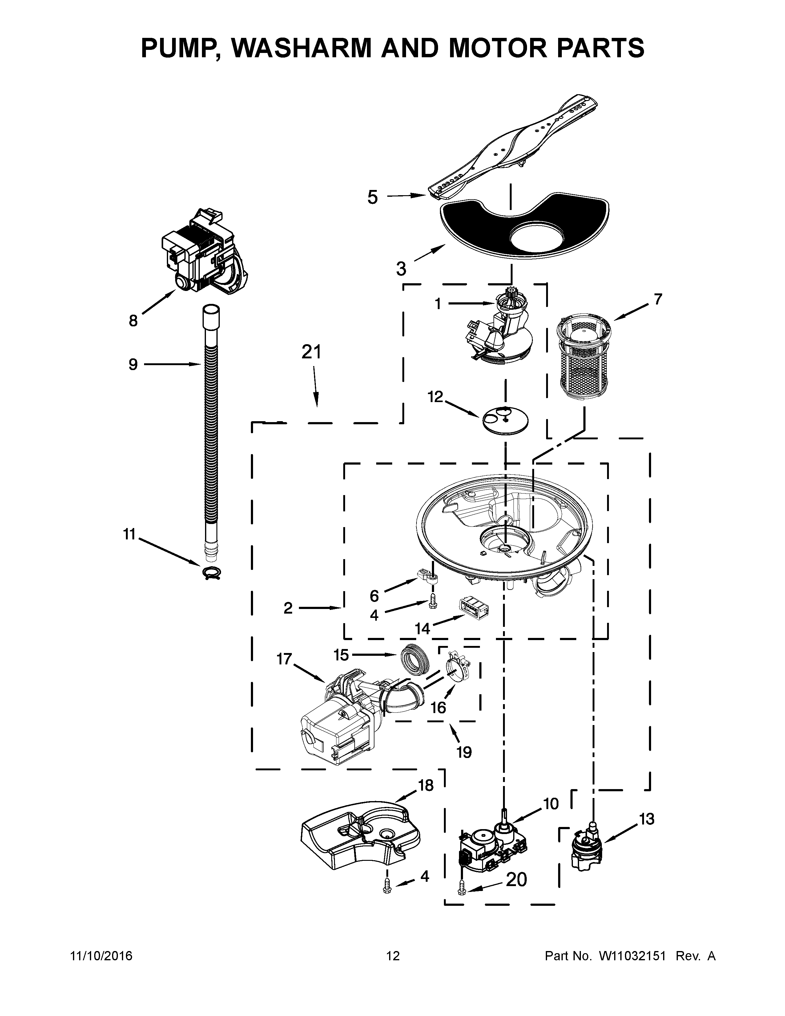 Pump, Washarm And Motor Parts Diagram and Parts List for 66513543N413  Kenmore Dishwasher