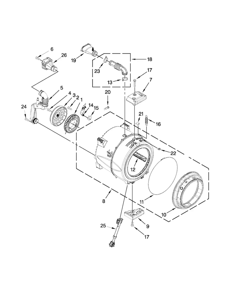 Tub And Basket Parts Diagram and Parts List for 7MWFW80HEBW0  Whirlpool Washer