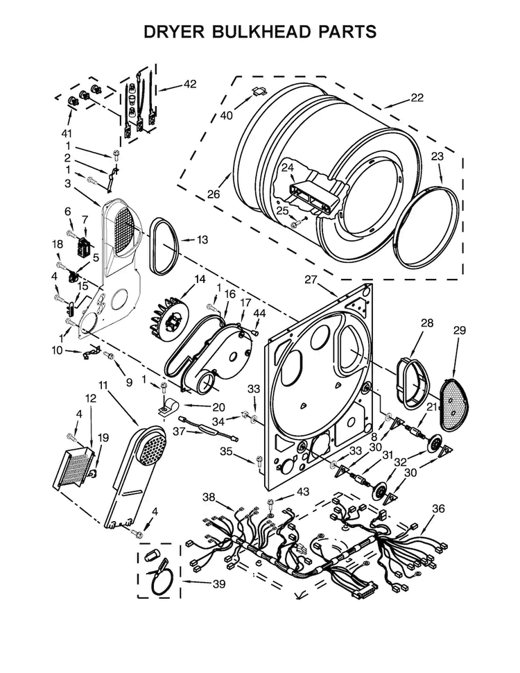 Dryer Bulkhead Parts Diagram and Parts List for WET4024EW0  Whirlpool Washer Dryer Combo