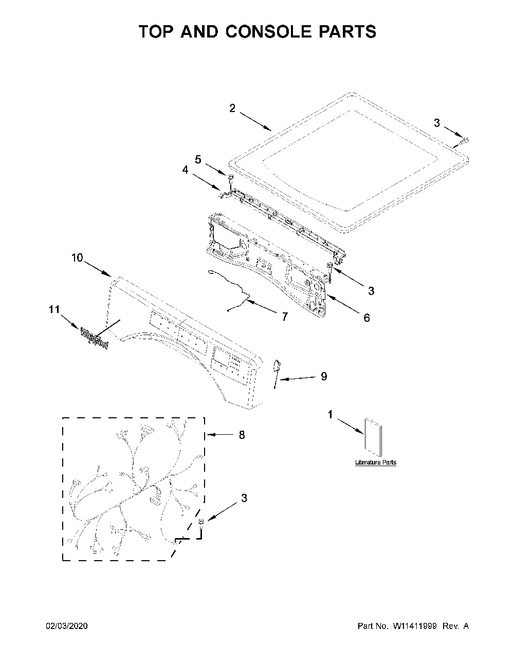 Top and console parts Diagram and Parts List for 8TWGD8620HW0  Whirlpool Dryer