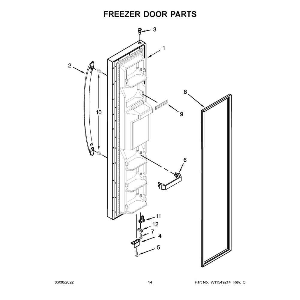 Freezer Door Parts Diagram and Parts List for WRS321SDHW08  Whirlpool Refrigerator