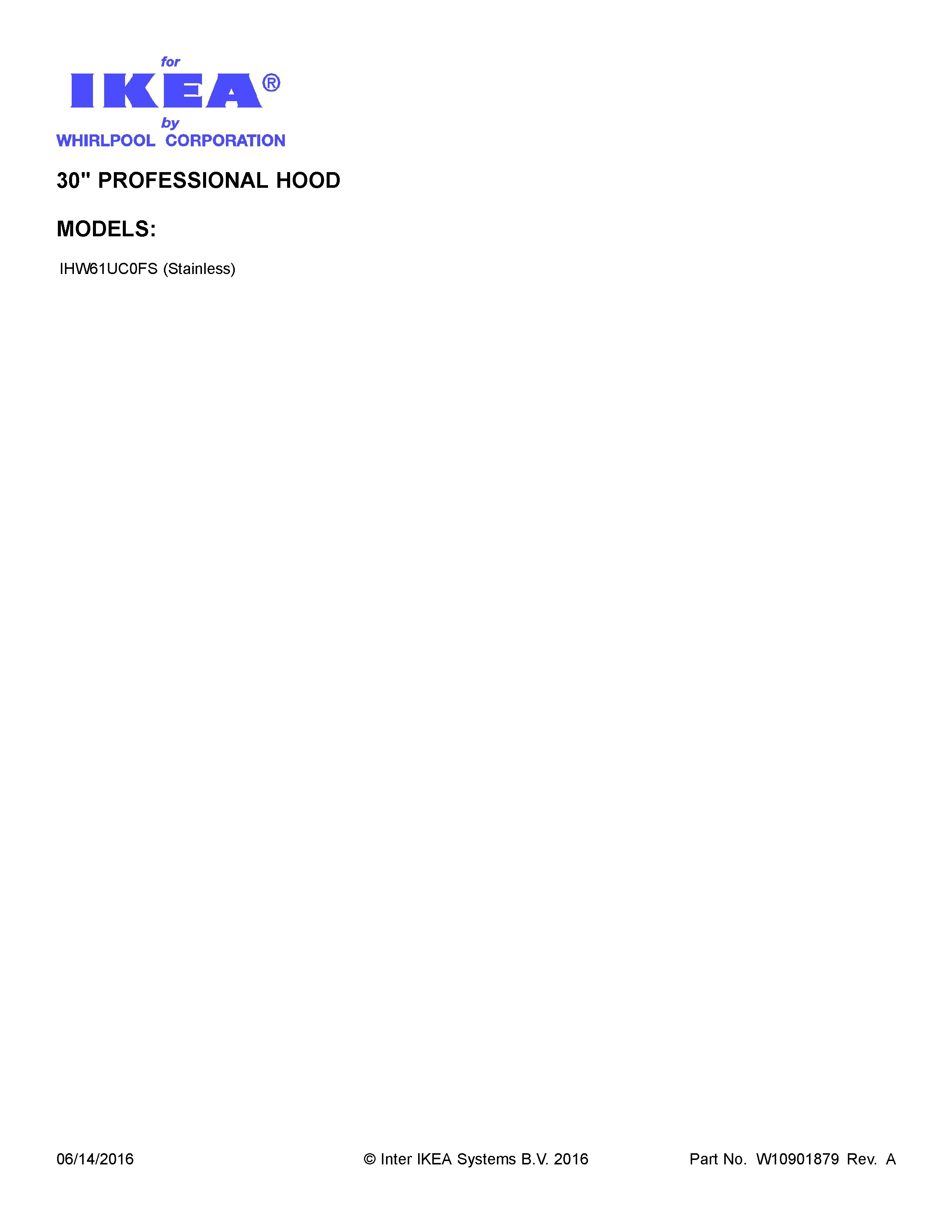 Cover Sheet Diagram and Parts List for IHW61UC0FS  Whirlpool Range Hood