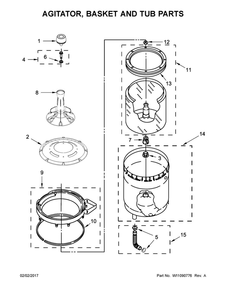 Agitator, Basket And Tub Parts Diagram and Parts List for WETLV27FW0  Whirlpool Washer Dryer Combo